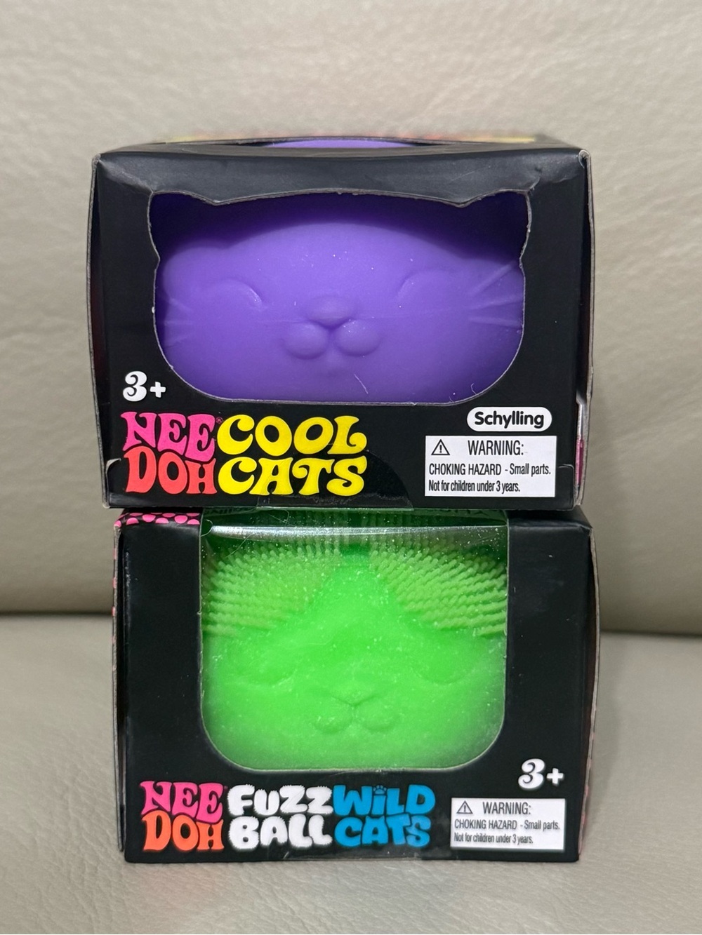 Green Needoh Wildcat FuzzBall Peace Velvet Squeeze + Purple Cool Cats Squishy